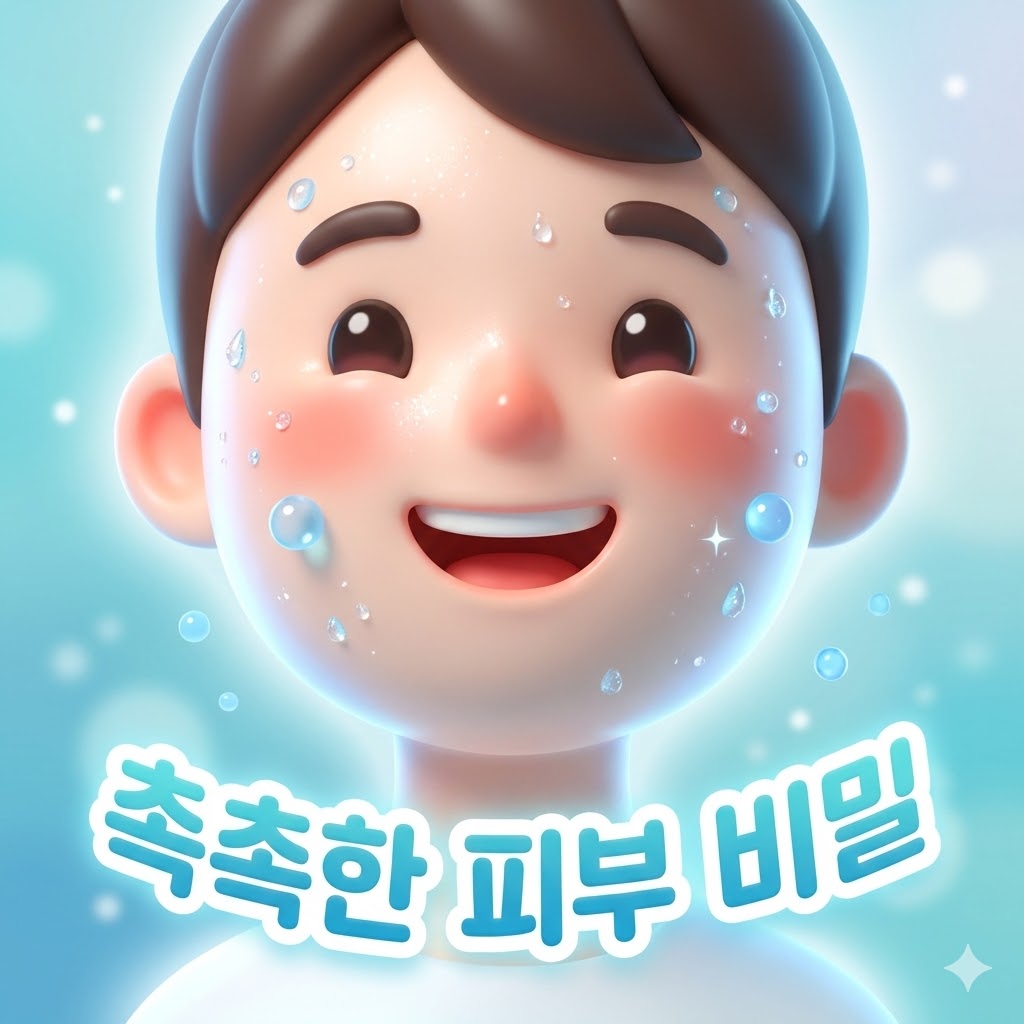 촉촉하고 빛나는 피부를 가진 귀여운 3D 카툰 캐릭터 얼굴, 주변에 물방울이 떠다니는 모습과 '촉촉한 피부 비밀'이라는 문구가 강조된 이미지.