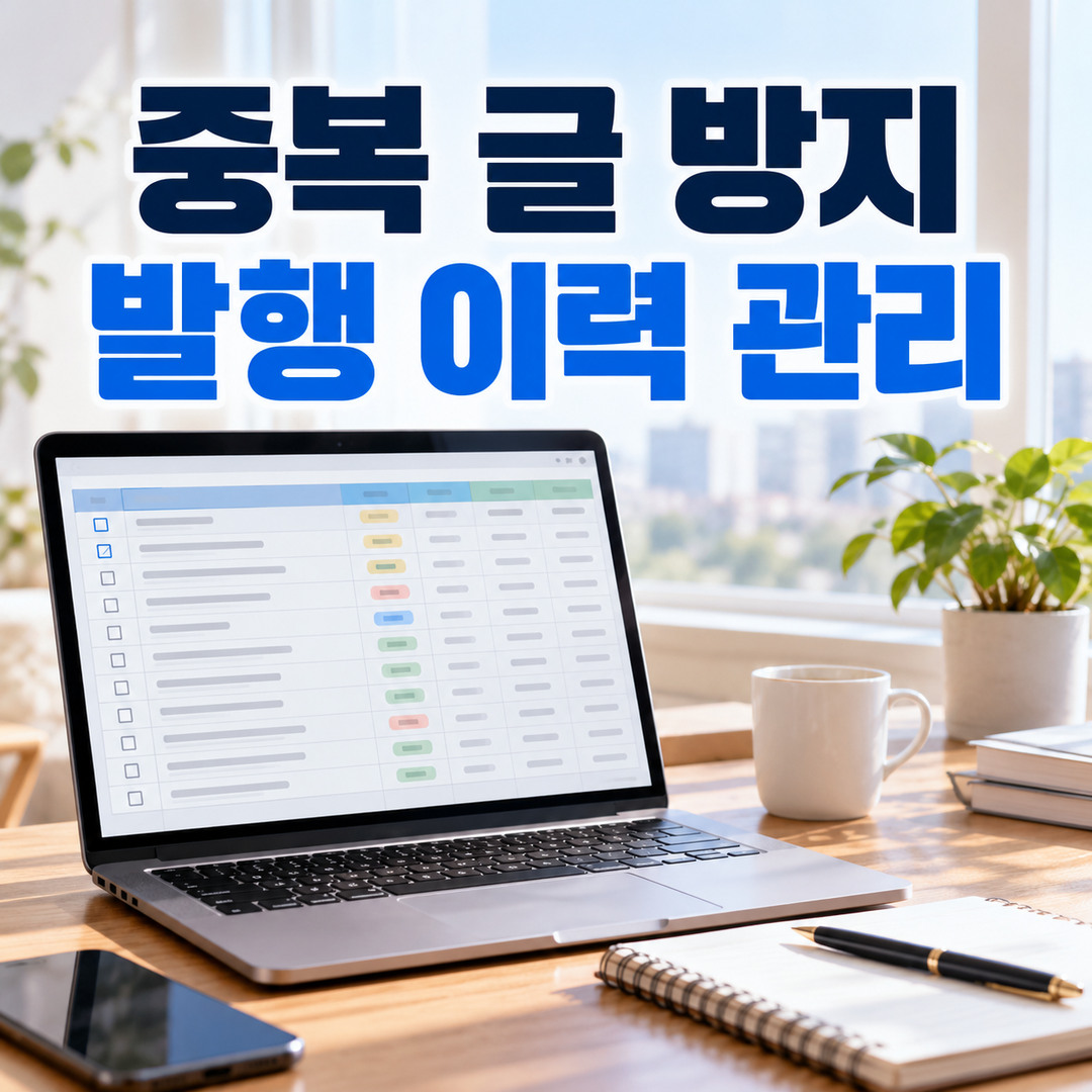 발행 이력표가 열린 노트북과 중복 글 방지 안내 문구가 놓인 밝은 작업 책상