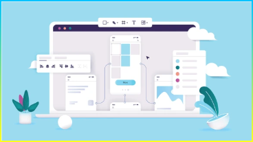 디자인 프로토타입 - ux 디자인 프로토타이핑 소프트웨어를 사용하여 모바일 앱 또는 웹사이트 페이지의 와이어프레임을 만드는 컴퓨터 화면. 파란색 배경과 세미 플랫 벡터 일러스트