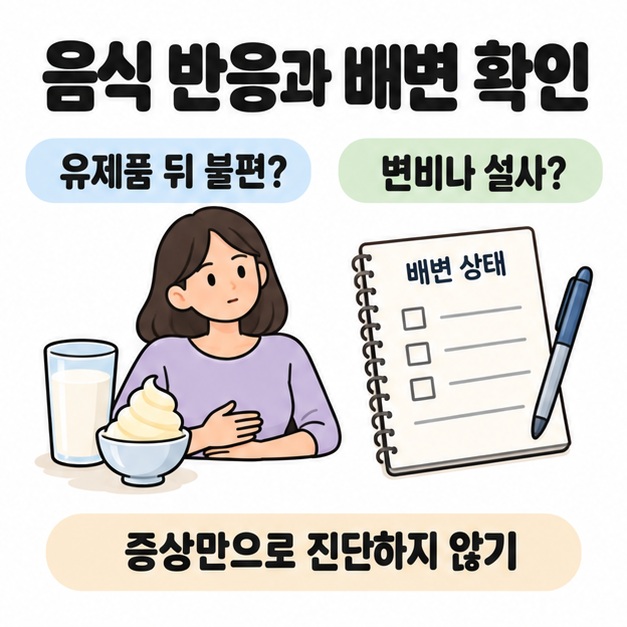 우유와 아이스크림 옆에서 복부에 손을 얹은 성인과 배변 상태 기록지로 음식 반응과 변비 또는 설사를 확인하도록 안내하는 그림