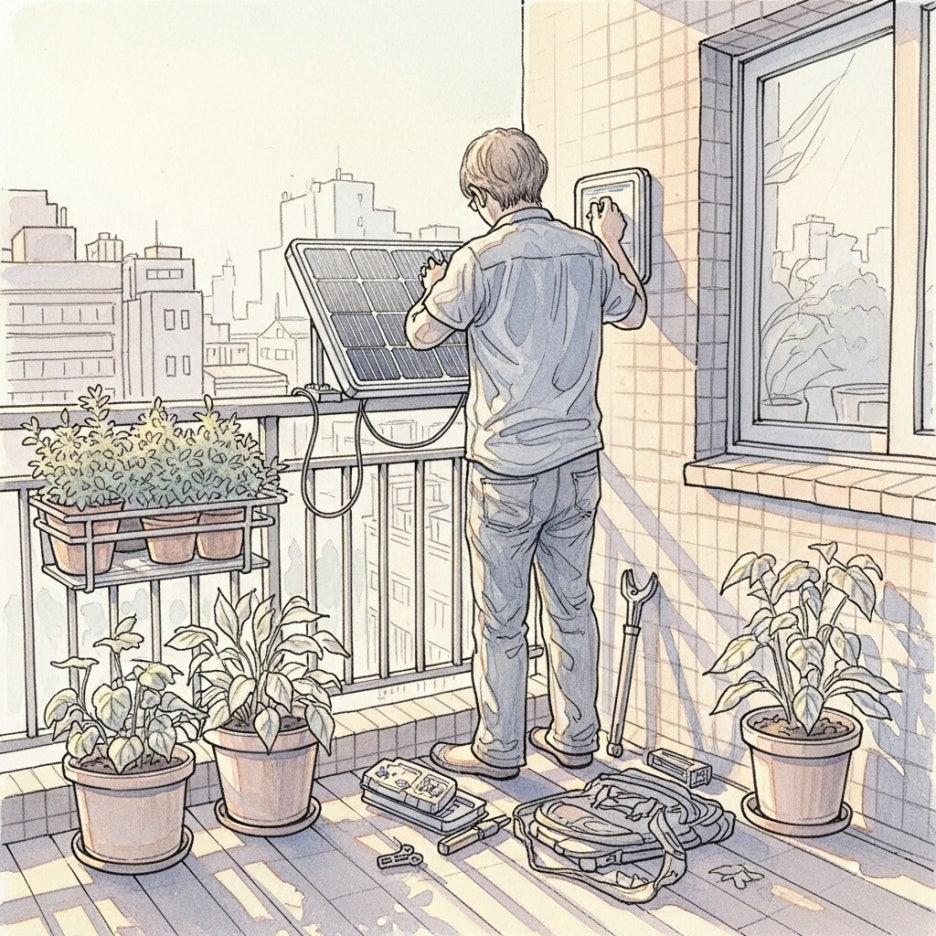 베란다에 소형 태양광 패널을 설치하는 일상의 모습