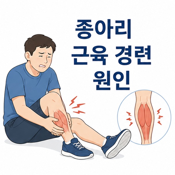 종아리를 잡고 있는 사람과 수축한 종아리 근육을 함께 배치해 종아리 근육 경련 원인을 설명하는 대표 이미지