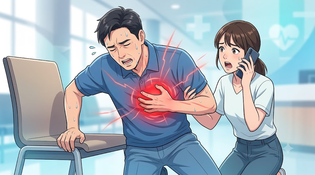 명치 및 가슴의 강한 압박감과 식은땀, 호흡곤란이 동반된 응급 상황 일러스트