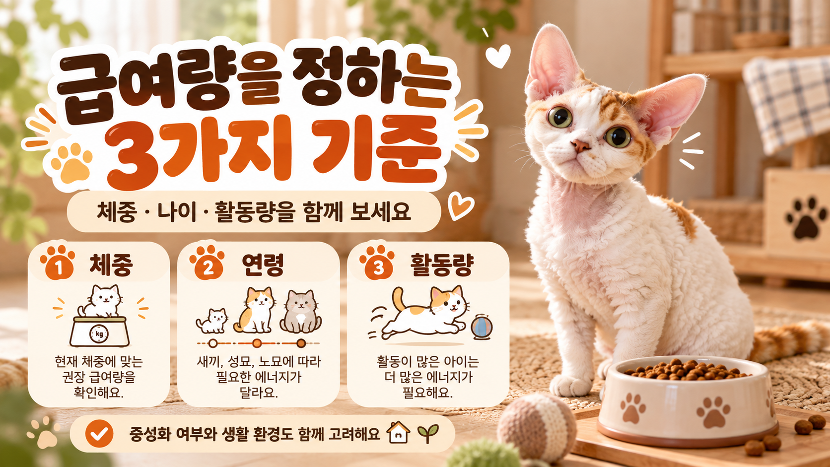 고양이 체중, 연령, 활동량에 따른 하루 사료 급여량 결정 기준