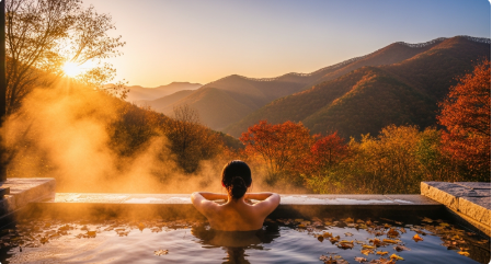 가을 단풍으로 둘러싸인 야외 온천탕에서 따뜻한 물에 몸을 담그고 휴식하는 사람의 모습.