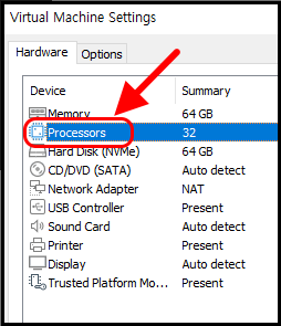 VMWARE 설정 화면 좌측에서 Processors 선택
