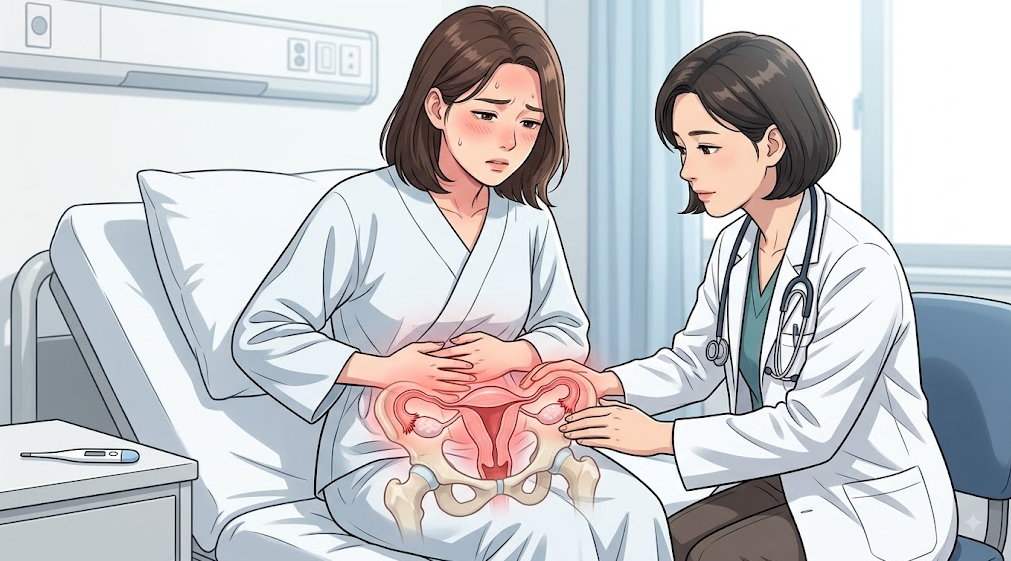 비정상 분비물과 함께 아랫배 통증 및 발열이 나타나는 골반염 의심 진료 일러스트