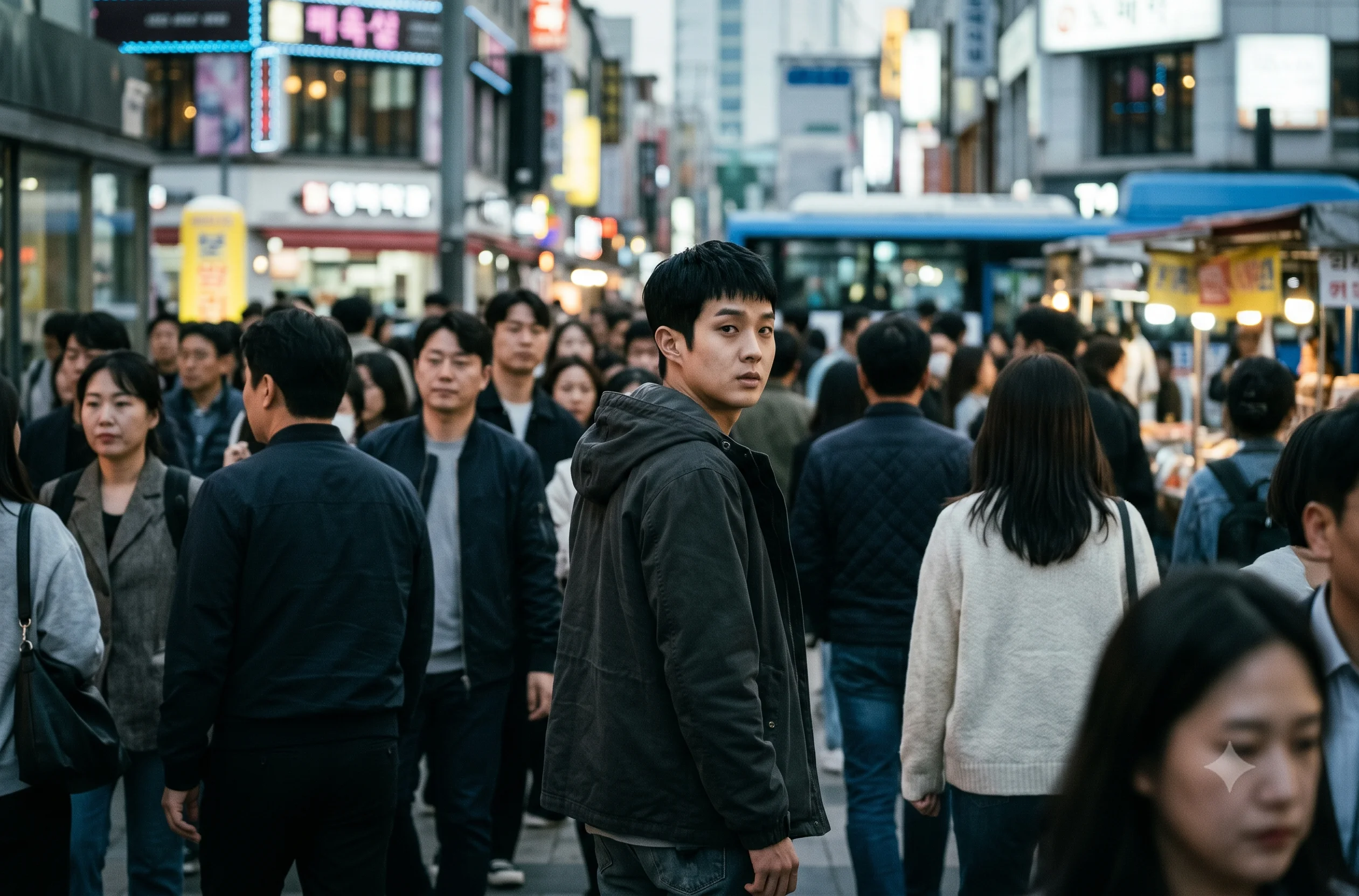 한국으로 다시 밀항해 돌아온 이탕이 군중 속에서 뒤돌아보는 엔딩 스틸컷