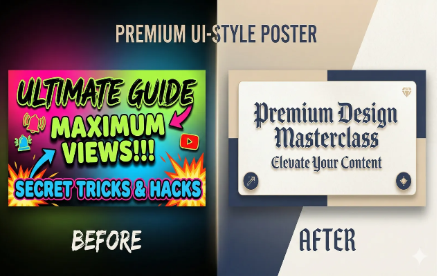 초보 스타일 썸네일과 프리미엄 UI 스타일 썸네일의 Before·After 디자인 비교 이미지