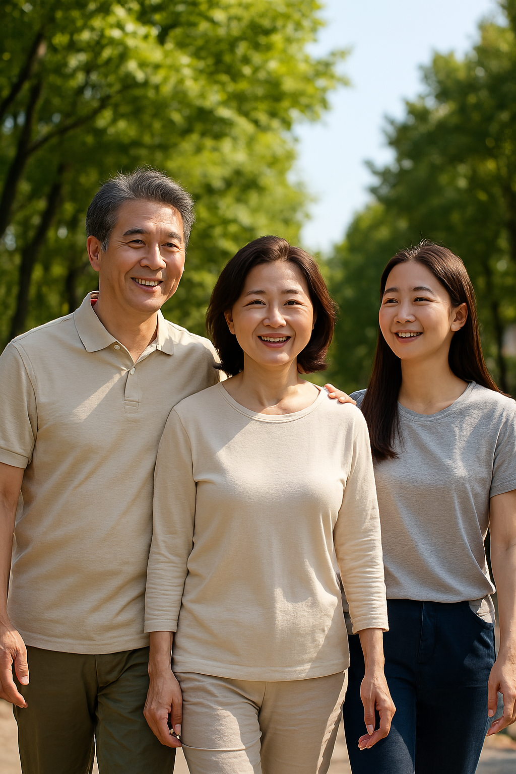 햇볕 아래 산책하는 중장년 가족
