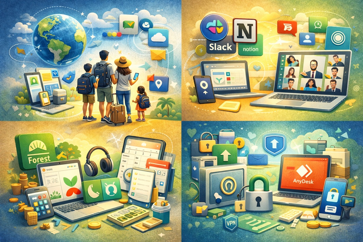 디지털 노마드 가족이 전 세계에서 일하기 위해 클라우드 동기화, 슬랙·노션 협업, 화상회의, 집중 앱, VPN·원격접속 등 업무 도구를 구성한 인포그래픽 일러스트