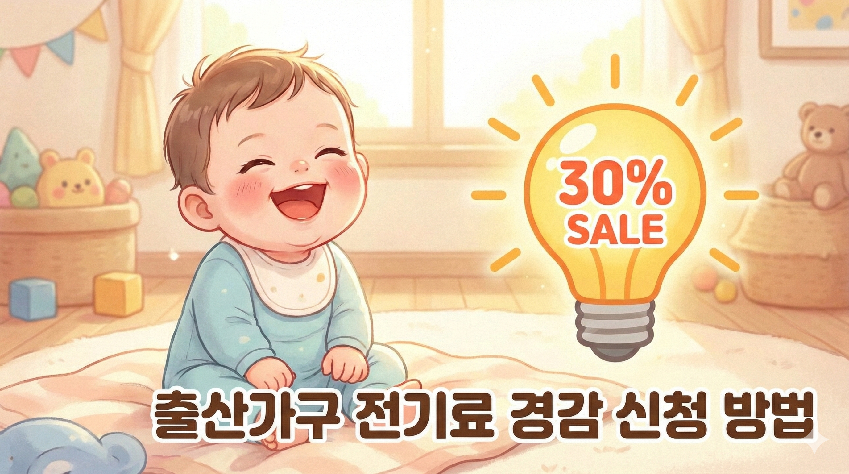 출산 가구 전기요금 30% 할인 혜택을 받는 아기 일러스트