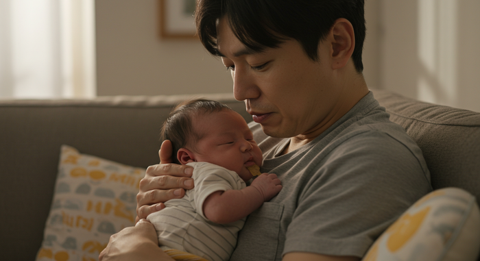 아기가 아빠 어깨에 안긴 장면