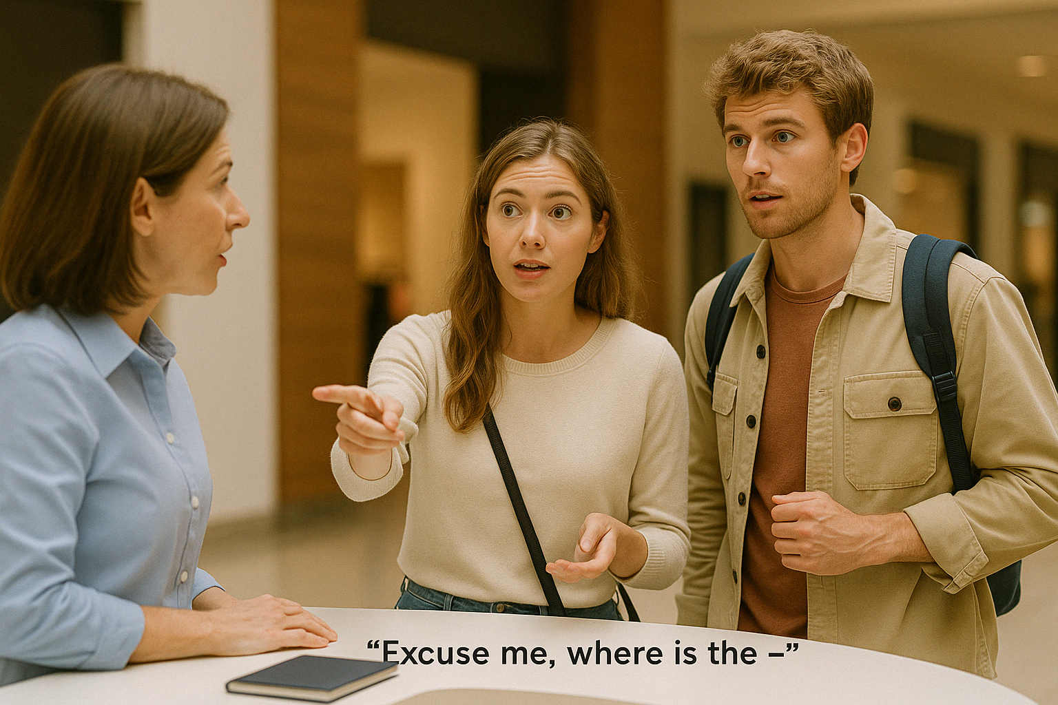 안내 데스크에서 직원과 대화하는 장면으로&amp;#44; &lsquo;Excuse me&amp;#44; where is the~?&rsquo; 같은 표현을 실제로 말하는 상황을 표현합니다.