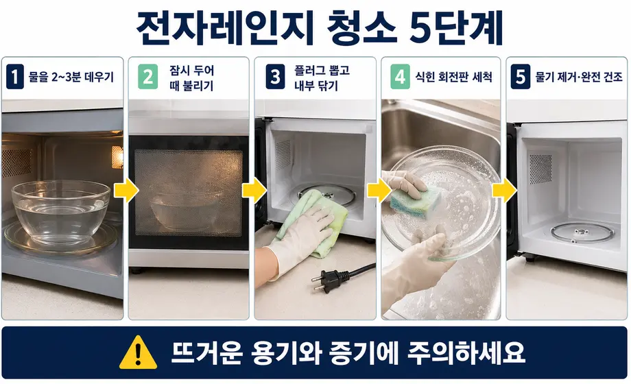 물과 수증기를 이용한 전자레인지 내부 청소 5단계