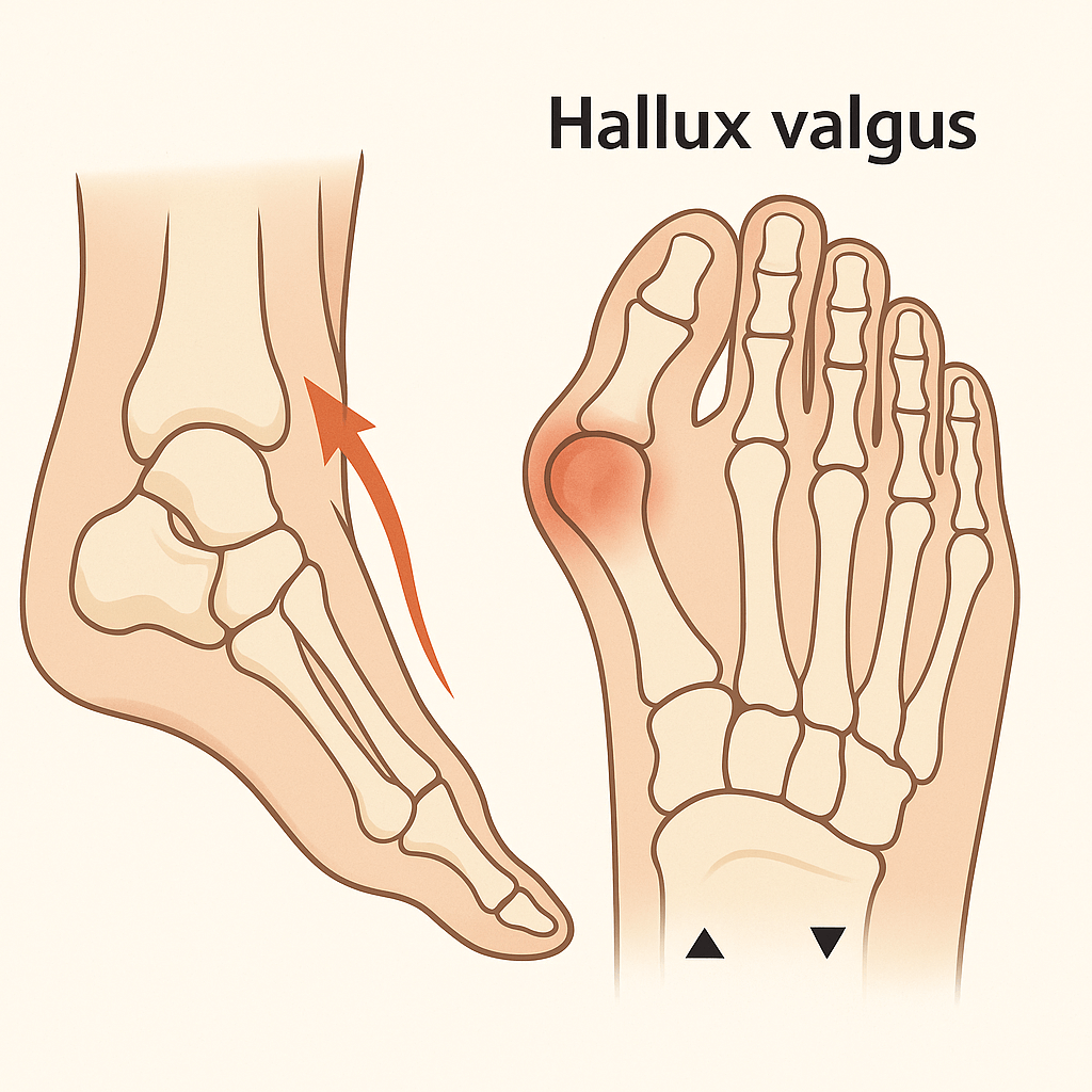 무지외반증으로 엄지발가락이 휘어진 상태를 보여주는 의학 이미지(출처**자체제작)