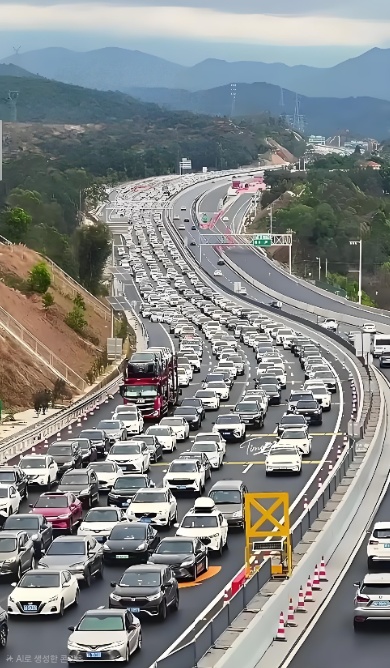 고속도로에통행료를내기위해줄서이는자동차들