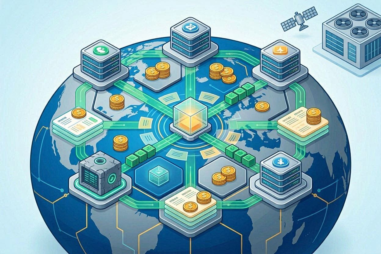 An abstract technological visualization of institutional private ledger lines connecting with a digital dollar symbol.