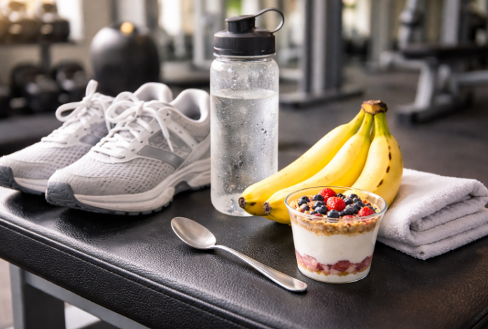 운동화와 물병, 바나나와 요거트가 놓인 운동 후 회복 식단