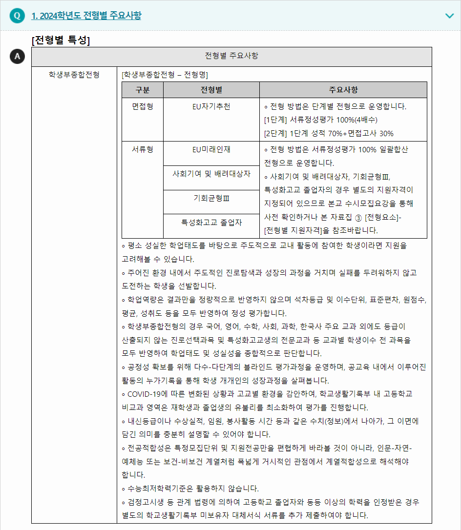 2024학년도 을지대학교 학생부종합전형 전형별 주요사항