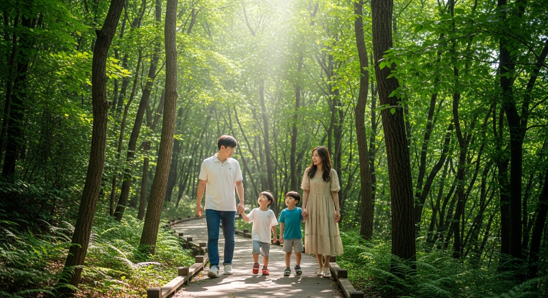 울창한 숲속 나무 데크길을 산책하며 힐링하는 가족들의 모습