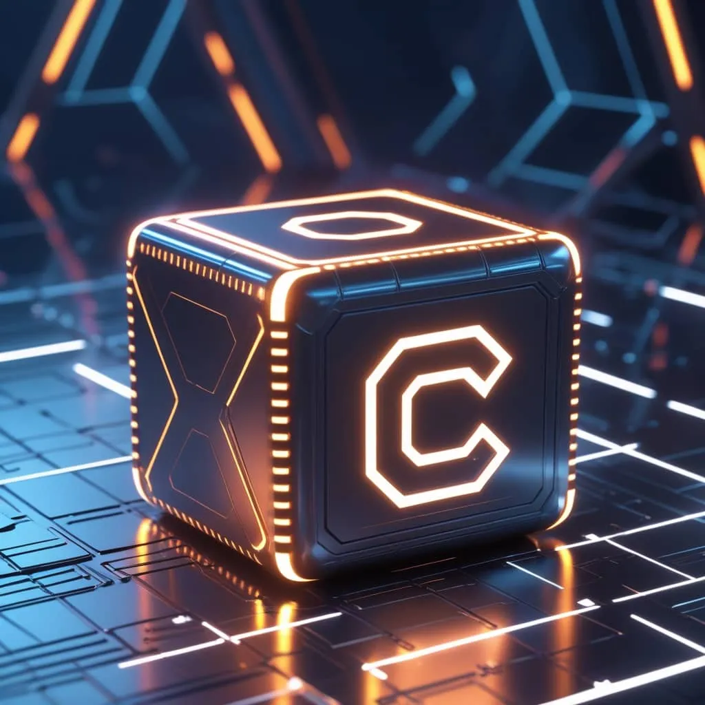 크로노스코인의 블록체인을 미래적 네온 오렌지 스타일의 블록과 네트워크로 나타낸 이미지.