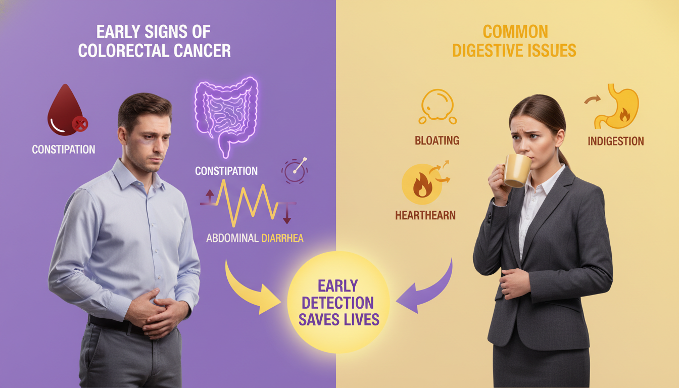 젊은 연령대에서 나타날 수 있는 대장암 초기 증상들을 상징하는 이미지. 피곤해 보이는 30~40대 직장인 옆에 검붉은 혈변, 배변 습관 변화, 복통, 피로감 등의 아이콘이 시각적으로 표현되어 젊은 대장암의 경각심을 전달합니다.