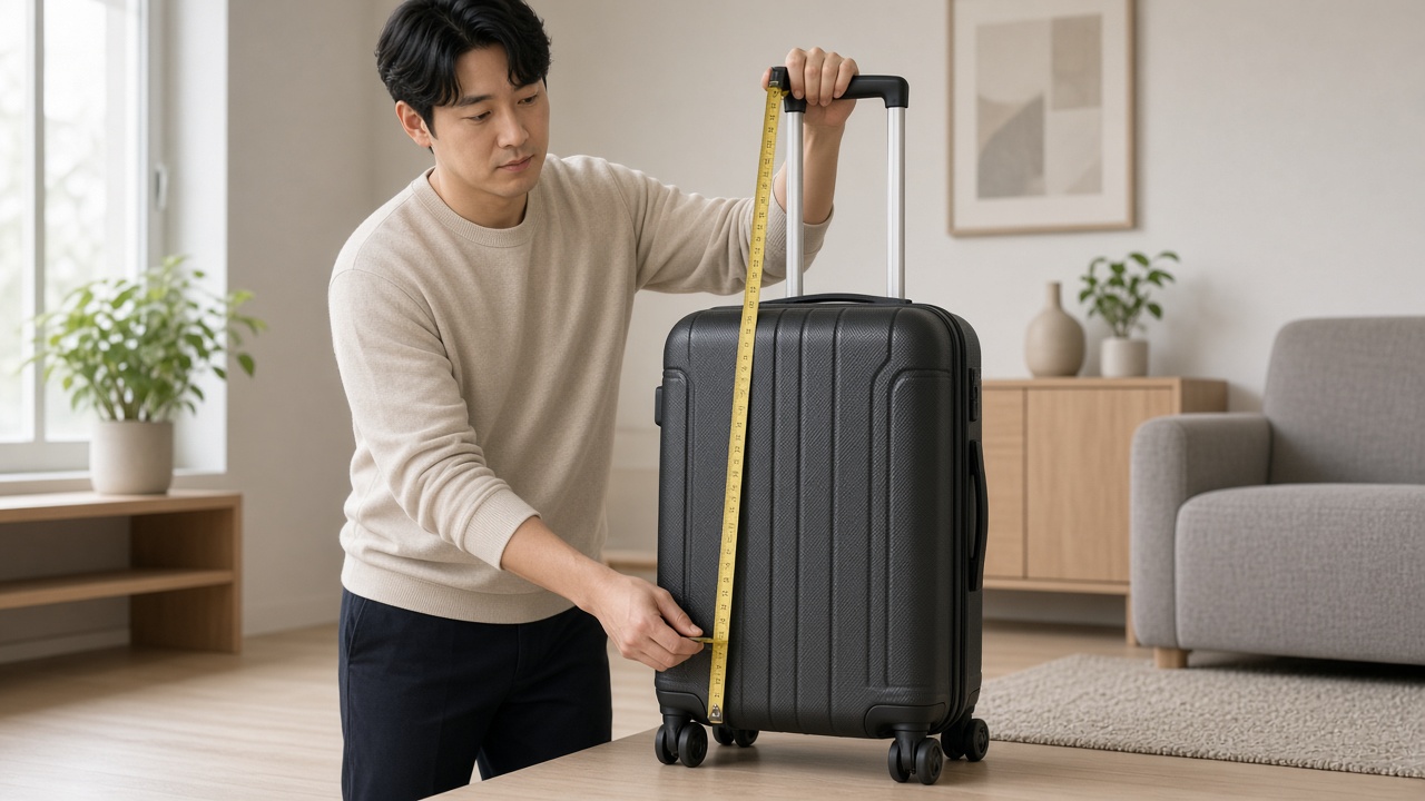 집에서 줄자로 바퀴 포함 기내용 캐리어 높이를 재는 30대 한국인 남성