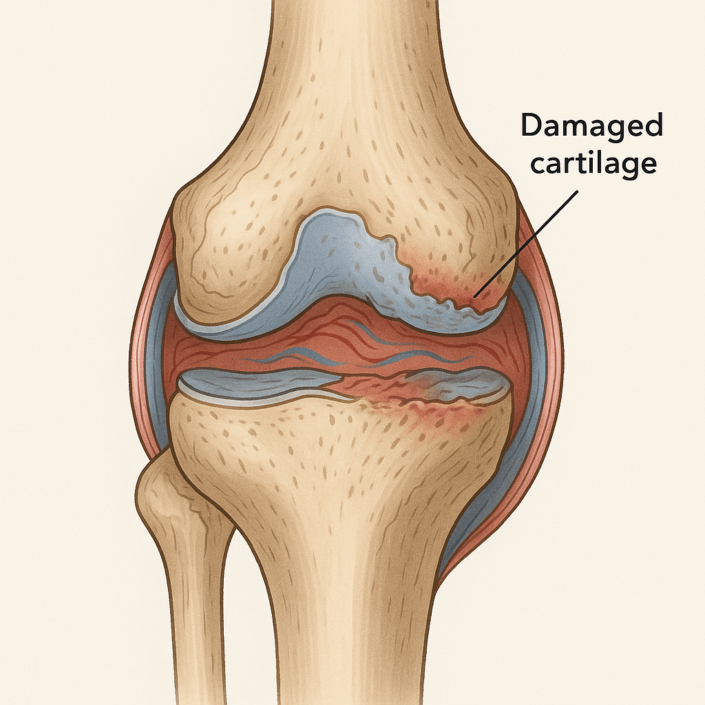 무릎 관절 단면을 보여주며 연골이 닳아 손상된 모습 (출처**자체제작)