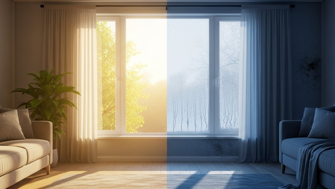 여름에는 햇살이 가득하고 따뜻해 보이지만, 겨울에는 창문에 성에가 끼고 차갑고 어두워 보이는 동일한 거실의 모습을 반으로 나누어 비교하는 이미지.