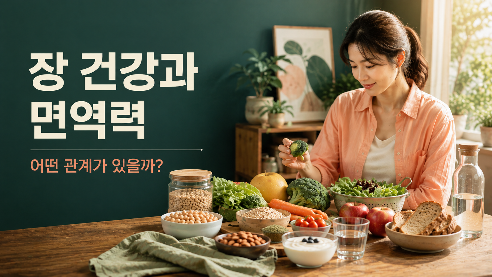 장 건강과 면역력의 관계를 표현한 한국인 여성과 다양한 건강 식재료