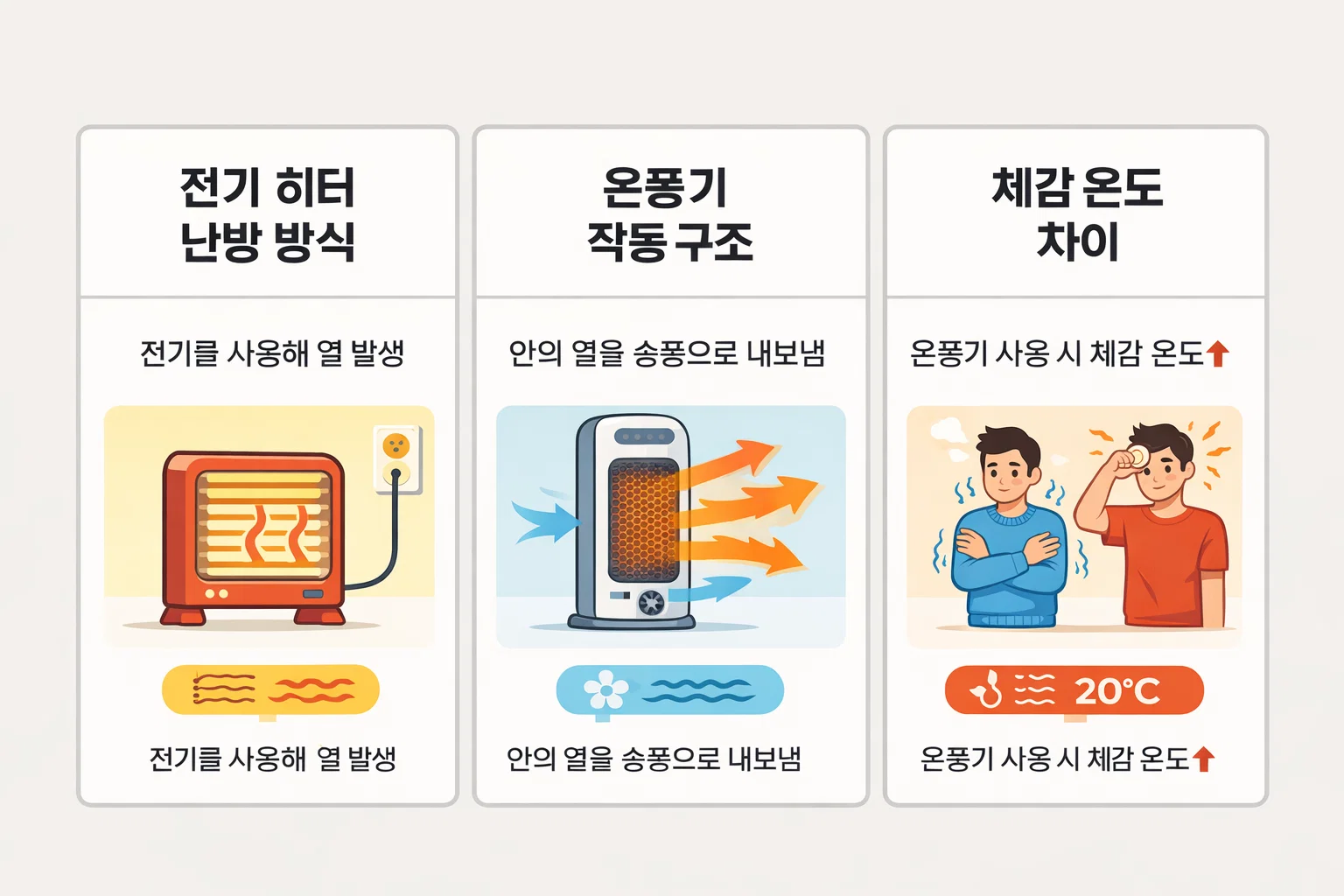 전기히터의 열 발생 방식과 온풍기의 송풍 구조, 체감 온도 상승 효과를 비교한 인포그래픽