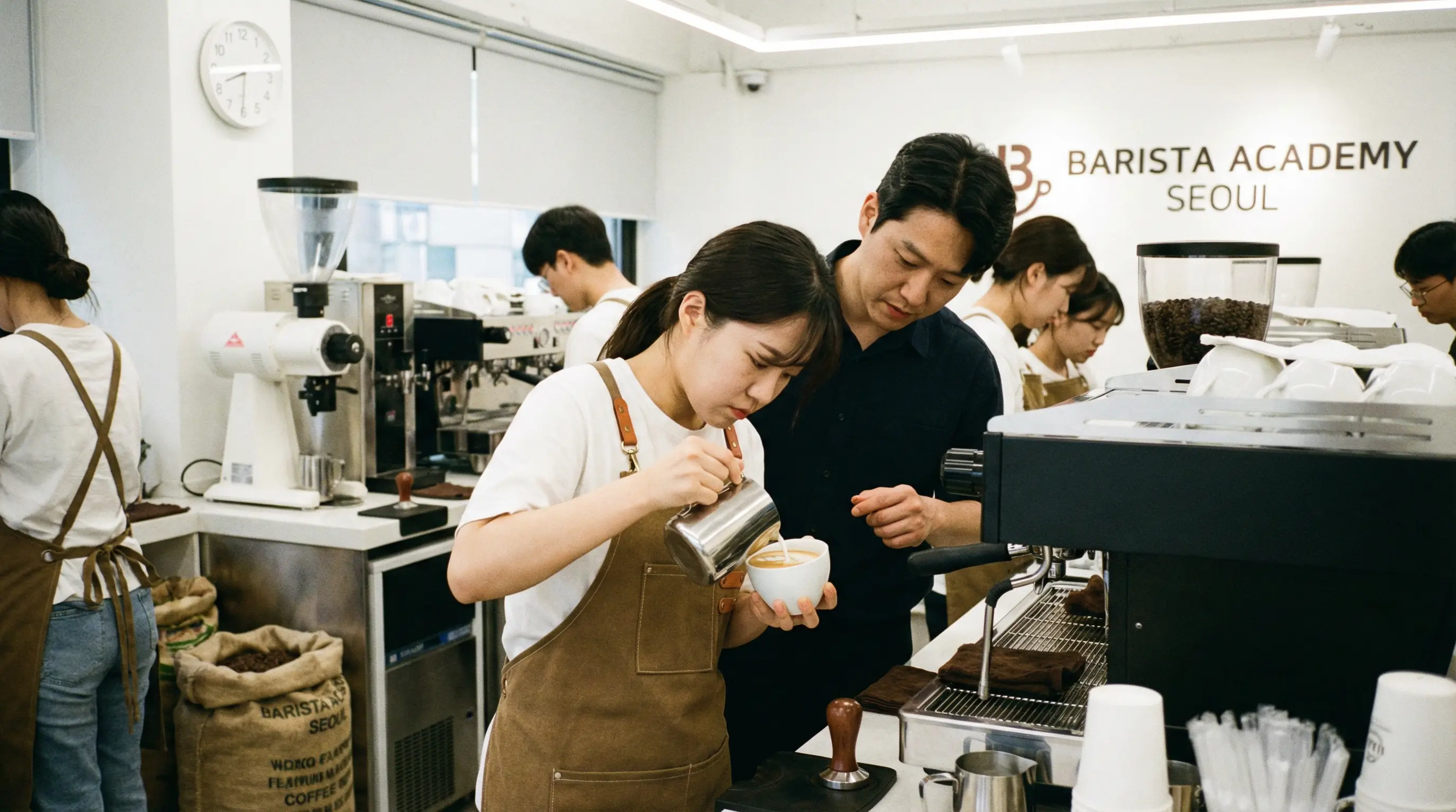 전문 바리스타 학원에서 수강생이 에스프레소 머신을 조작하며 라떼아트를 배우고 있는 집중하는 모습