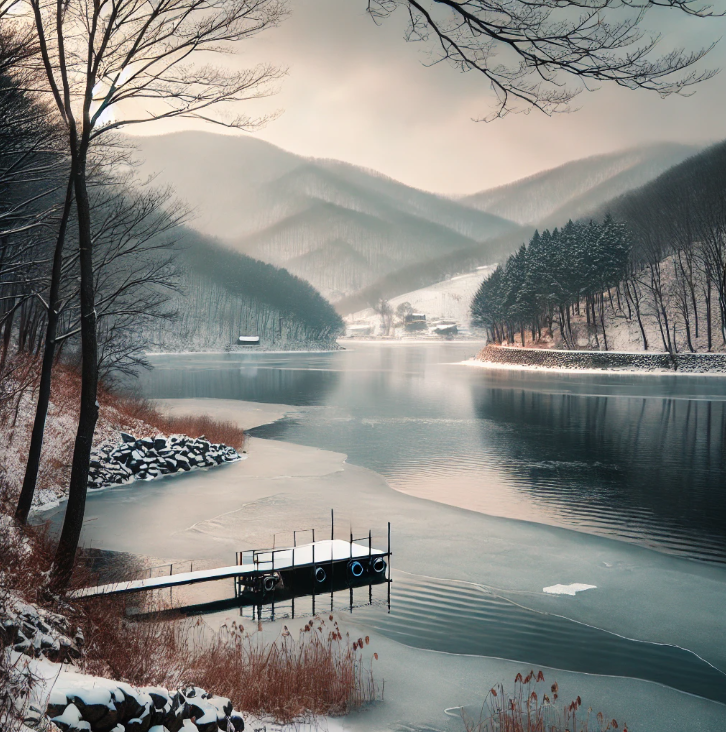 부분적으로 얼어붙은 호수와 눈 덮인 언덕, 그리고 고요한 분위기가 아름다운 겨울 모습의 탑정호 이미지