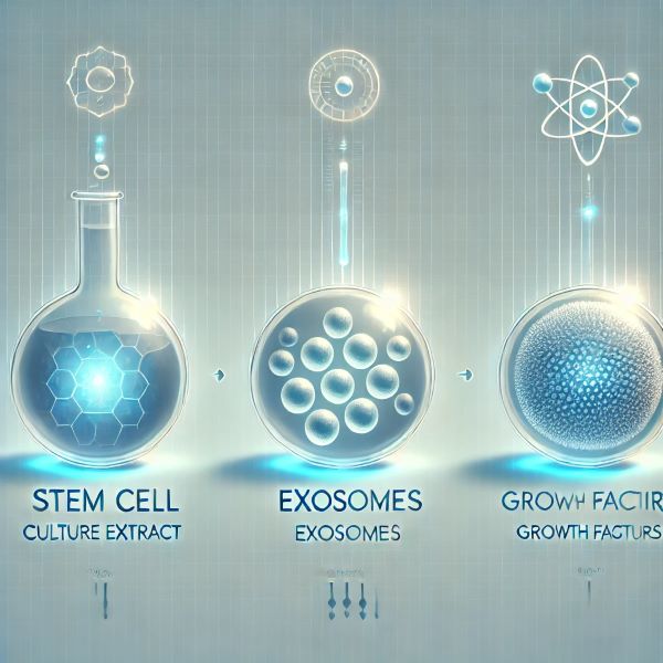 줄기세포 배양액, 엑소좀, 성장인자를 각각 상징하는 구 형태의 아이콘이 과학적 인포그래픽 스타일로 배열된 이미지. 각 요소는 실험실 플라스크, 나노입자, 단백질 구조로 시각화되어 있으며, 배경은 부드러운 하늘색으로 구성됨