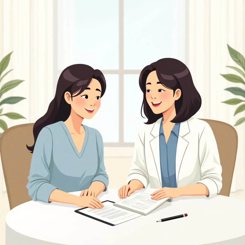 노인장기요양보험 등급 신청 절차 상담을 설명하는 이미지. 밝은 화이트 테이블에 앉아 서류를 함께 검토하는 한국인 중년 여성과 친절한 의료 상담사의 모습을 담은 2D 일러스트. 테이블 위에는 신청 서류와 펜이 놓여 있으며, 밝은 사무실 또는 가정 환경에서 자연광이 비치고 있음. 아이보리, 베이지, 소프트 블루 톤의 깔끔한 색감으로 구성되어 신뢰감 있고 전문적인 상담 분위기를 전달. 노인장기요양보험 신청 시 전문가의 체계적인 도움을 받을 수 있음을 시각적으로 표현함