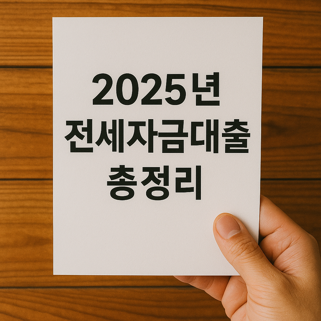 무 배경 위에 &lsquo;2025년 전세자금대출 총정리&rsquo; 문서 들고 있는 장면