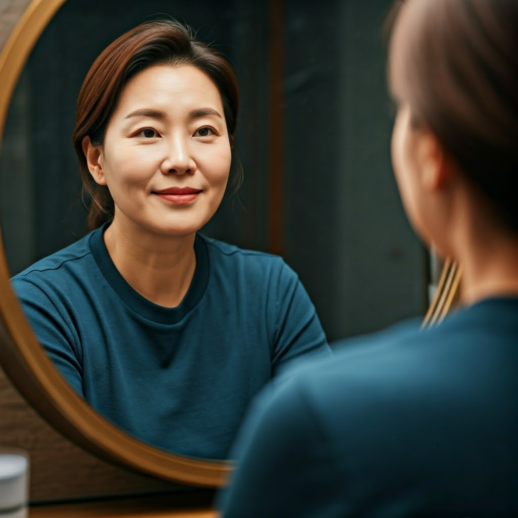 거울을 마주보며 대견한 표정의 40대 여성사진
