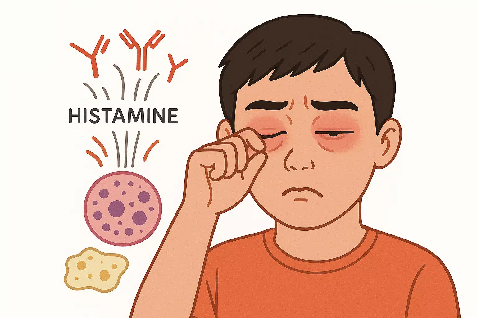 히스타민 반응을 단순화한 일러스트, 면역 반응으로 눈이 부어오르는 묘사