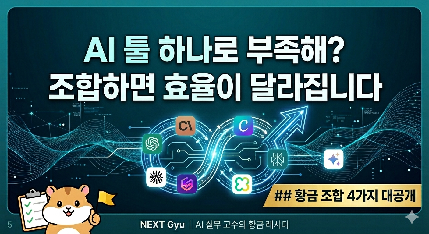 AI 툴 하나로 부족해 조합하면 효율이 달라집니다
황금 조합 4가지 대공개 인포그래픽 NEXT Gyu