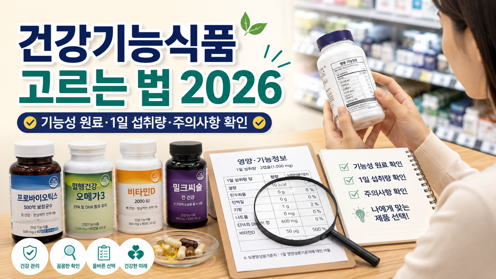 건강기능식품 고르는 법 2026|기능성 원료·1일 섭취량·주의사항 확인법
