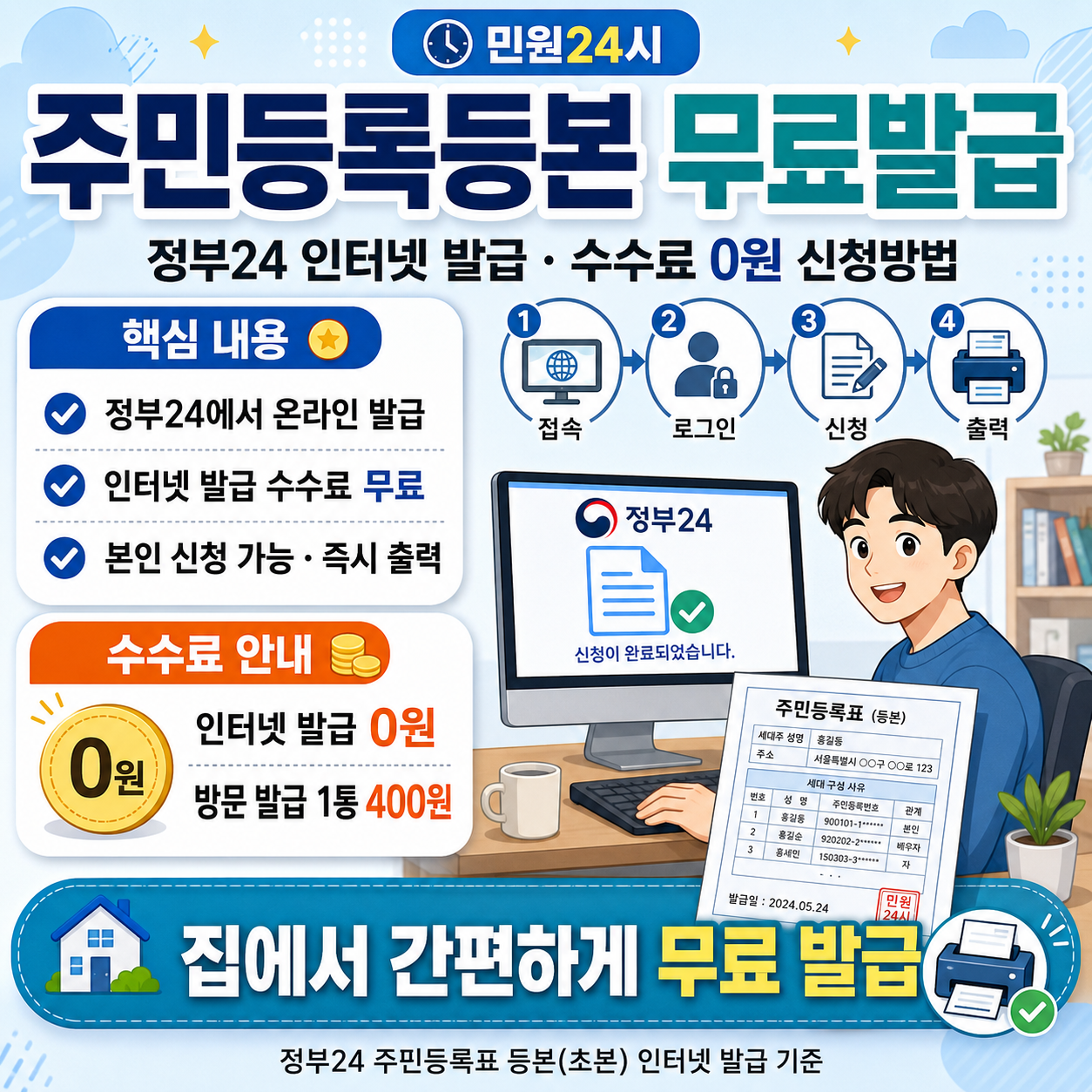 민원24시 주민등록등본 무료발급｜정부24 인터넷 발급&middot;수수료 0원 신청방법