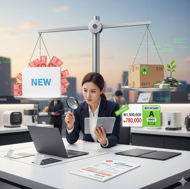 신품과 리퍼브 제품 저울에 올려 놓고 비교 하는 사진