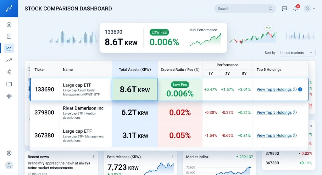 TIGER, KODEX, ACE 3종 ETF의 규모, 거래량, 보수를 한눈에 보여주는 비교표 이미지
