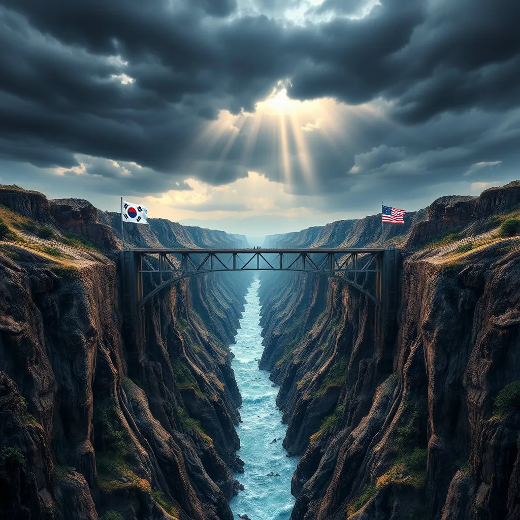 금융위기라는 '협곡'을 한미 통화스와프라는 '다리'를 통해 안전하게 건너갈 수 있도록 돕는다는 의미를 담아, 위기 극복의 강력한 도구임을 시각적으로 표현합니다.