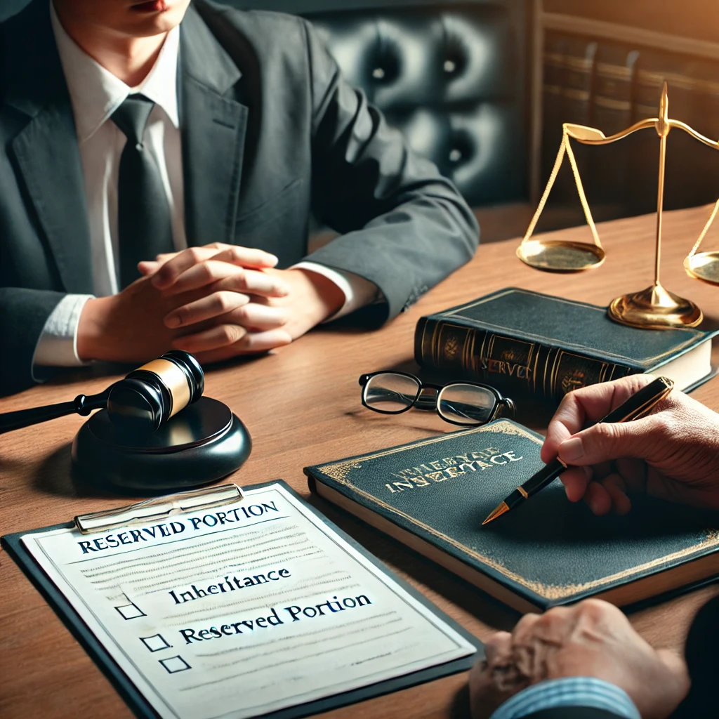 변호사가 사무실에서 고객과 상담하는 장면, 상속 및 유류분 관련 서류가 책상에 놓여 있는 모습.