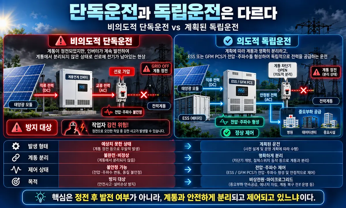 비의도적 단독운전과 ESS 기반 독립운전 차이 비교