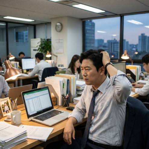 고민에 빠진 직장인이 노트북 앞에서 머리를 긁적이고 있는 모습