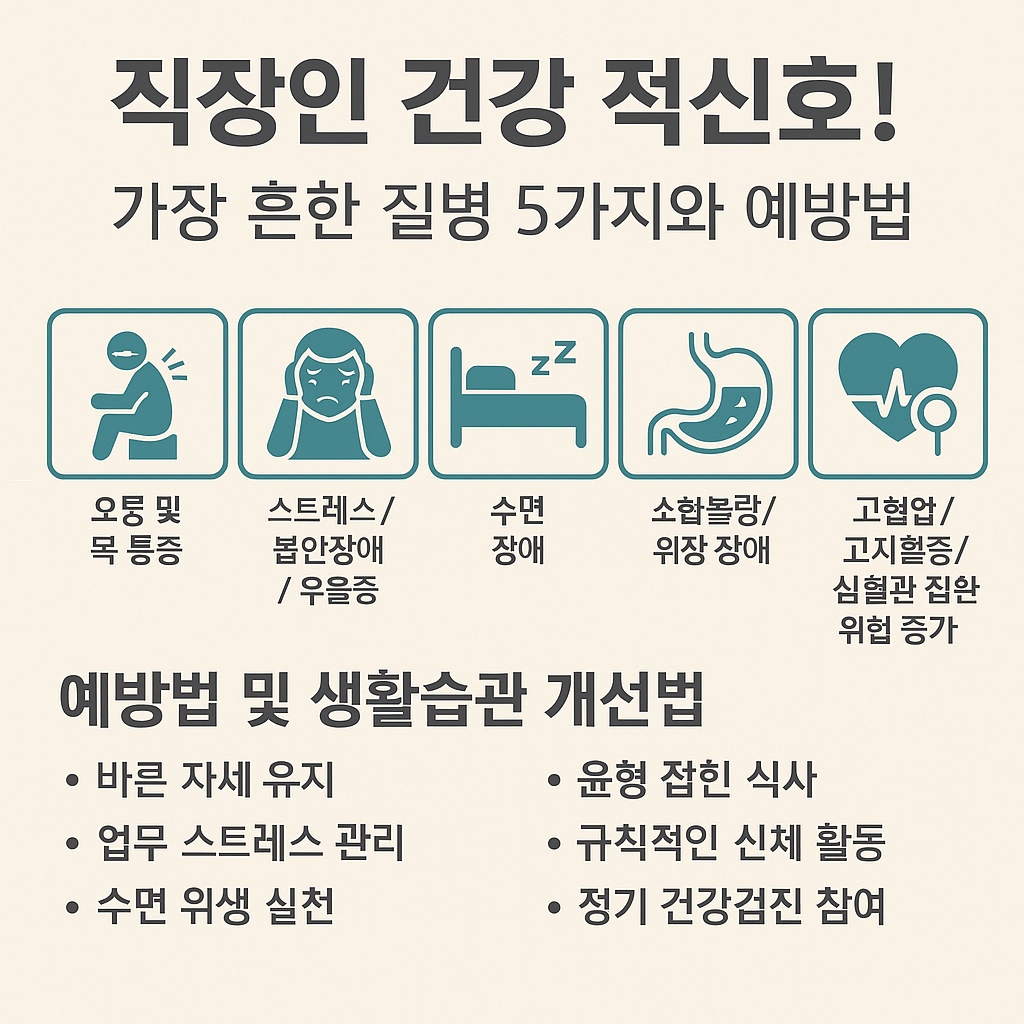 직장인이 자주 겪는 질병 5가지와 예방법을 정리한 인포그래픽