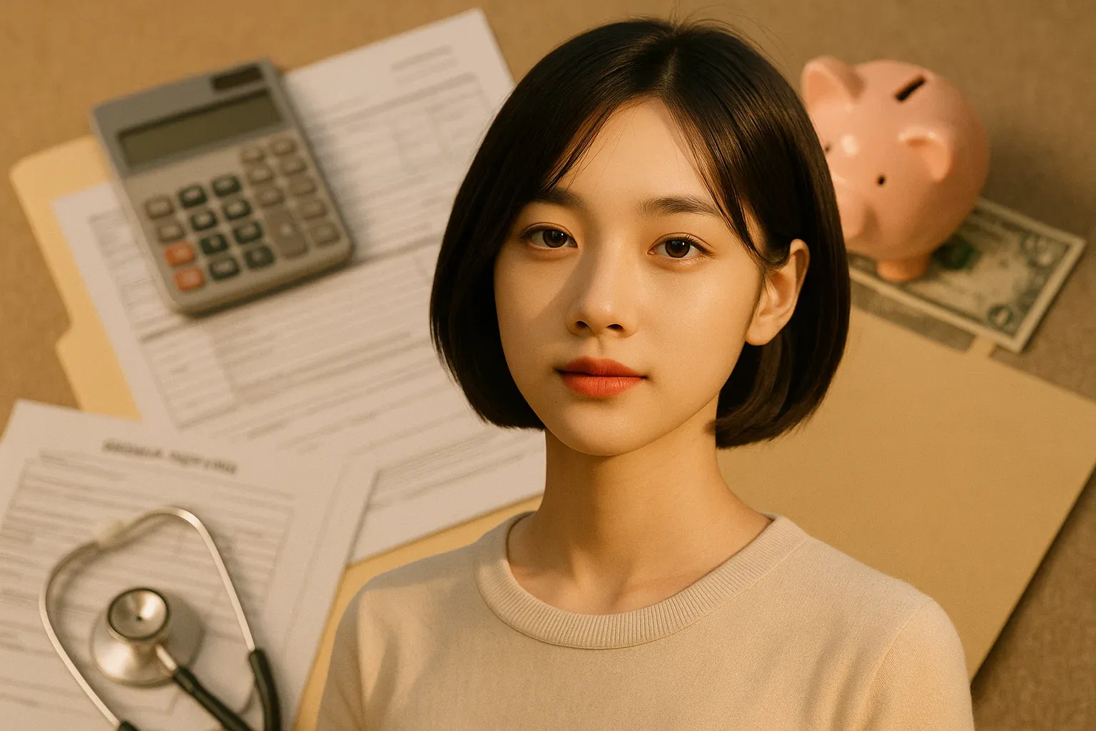 실손보험 청구 준비하는 젊은 여성, 보험서류·계산기·저축 소품과 함께 재무 계획하는 모습
